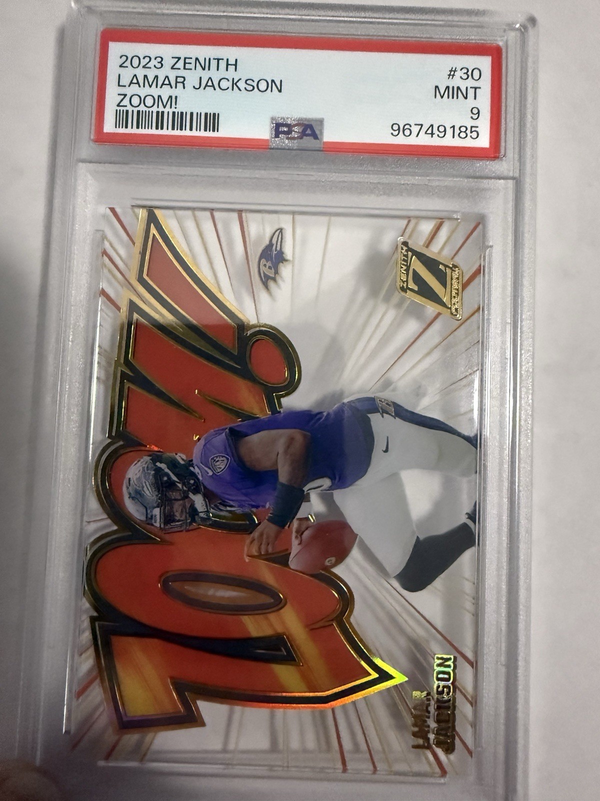 Lamar Jackson #30 Football Cards 2023 Panini Zenith Zoom trading card — raw and PSA graded price guide