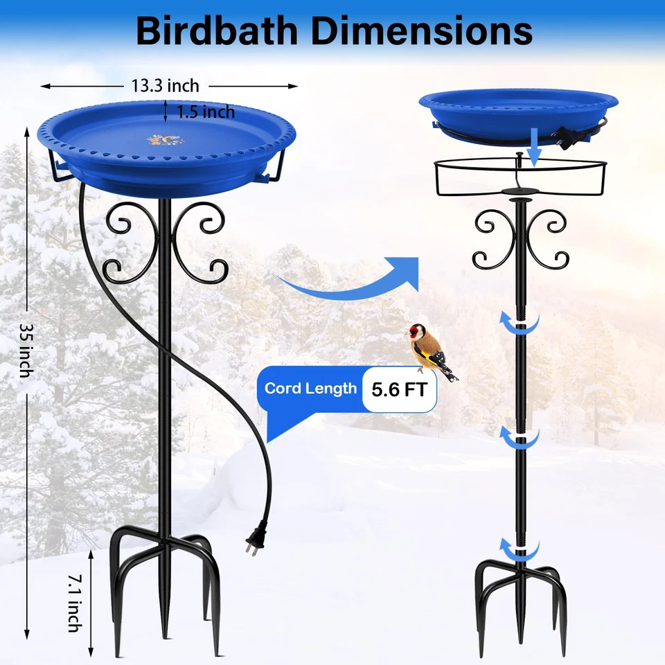 Птичья ванна с подогревом для зимы, модернизированная 100 Вт с 5-штырьковым металлическим основанием, (синяя) - Изображение 3 из 4