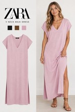 ZARA V Neck Maxi Dress with Side Slits pink size large NWT