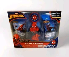 Marvel Spiderman Soap & Scrub Shampoo & Body Wash Bath Set, Hook & Scrubby 4 Pc 
