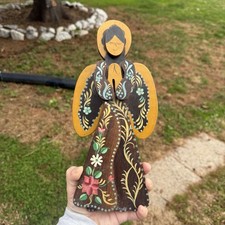 Vintage Wooden Folk Art Praying Angel Decor Floral 11  Hand Painted
