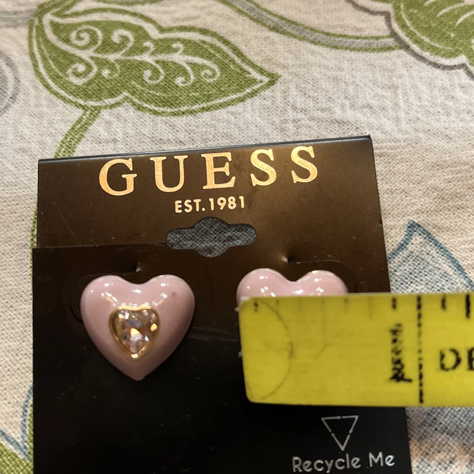 Guess Heart Post Earrings Gold Tone Rhinestone Pink Enamel Heart - Image 3 of 3