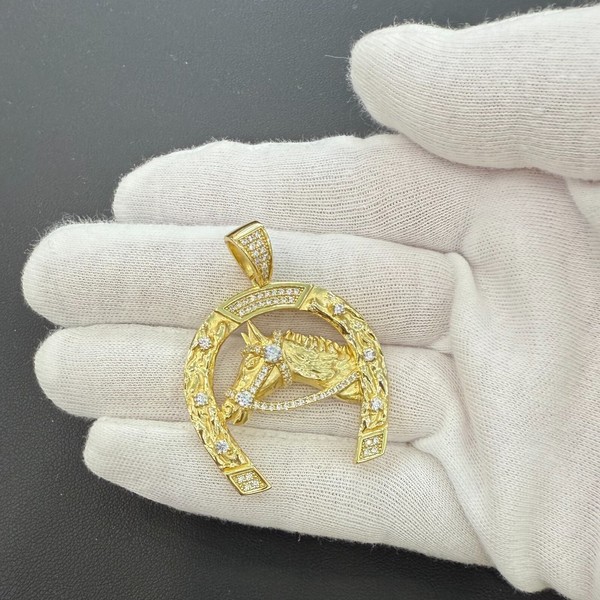 Alternate view of Horse Horseshoe Pendant 1.7" Gold‑plated 925 Sterling Silver Iced Bling Charm