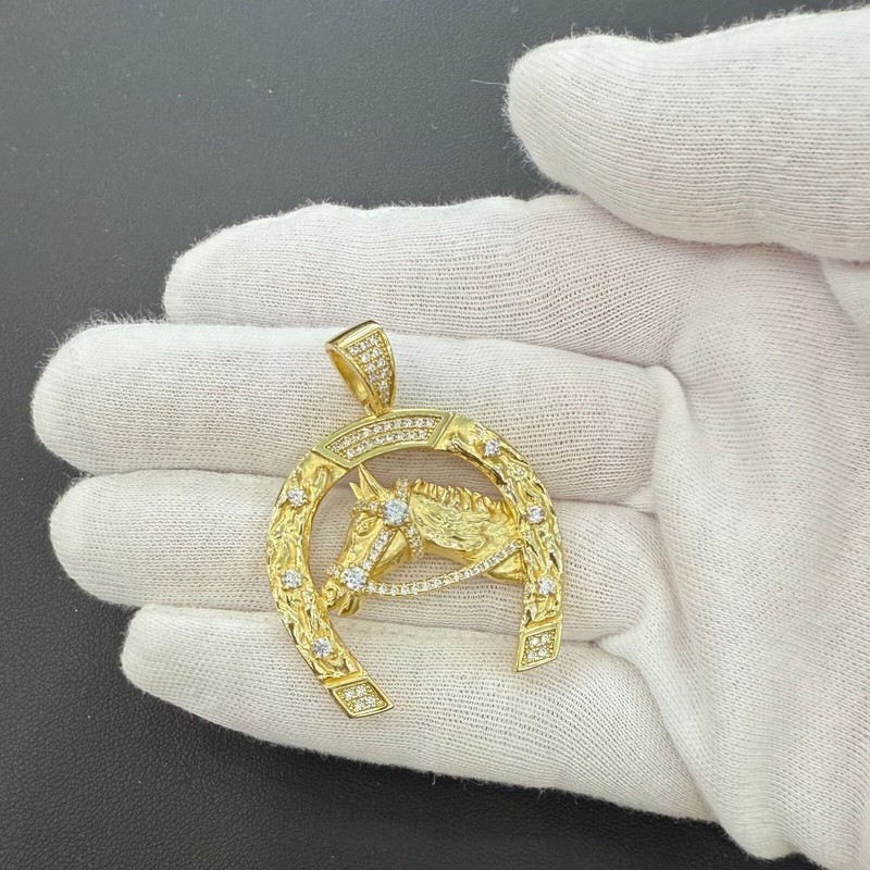 Horse Horseshoe Pendant 1.7" Gold‑plated 925 Sterling Silver Iced Bling Charm - Product main view