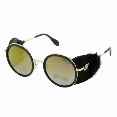 New Blumarine Women Round Sunglasses Black Gold Metal Frame Mirrored LIMITED 40Y