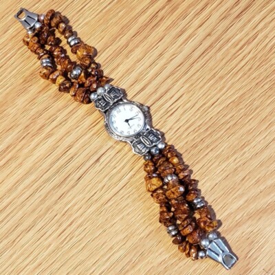 Vintage Southwestern Leopardenfell Jaspis silberfarben 3 Strang Boho Uhr W2