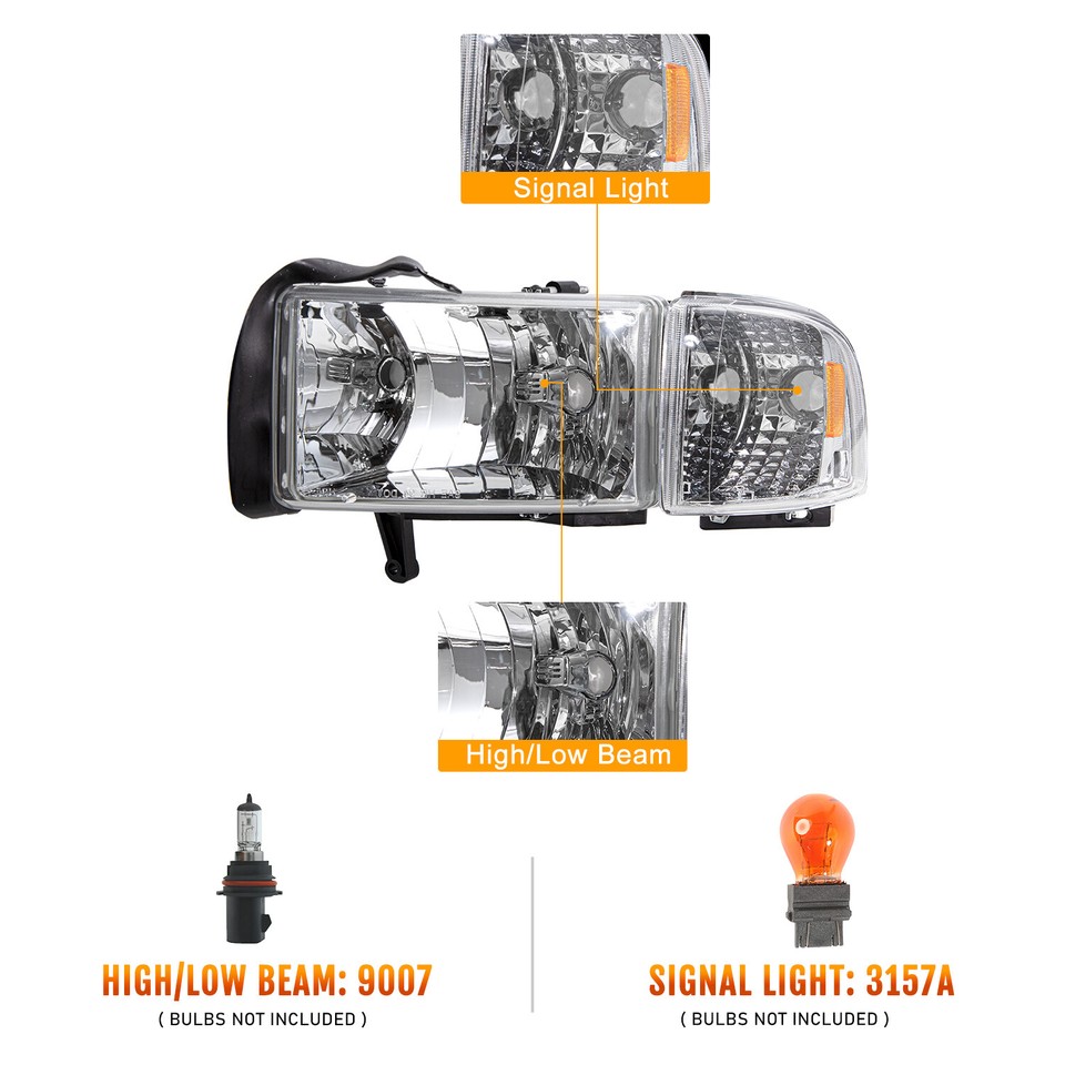 For 1994-2002 Dodge Ram 1500 94-02 2500 3500 Headlights Headlamp Pair Chrome