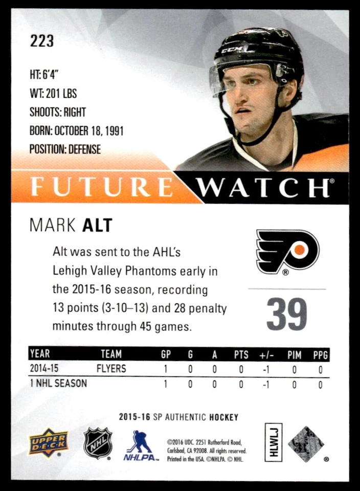 2015-16 SP AUTHENTIC FUTURE WATCH Mark Alt /999 Philadelphia Flyers #223 - Image 2 of 2