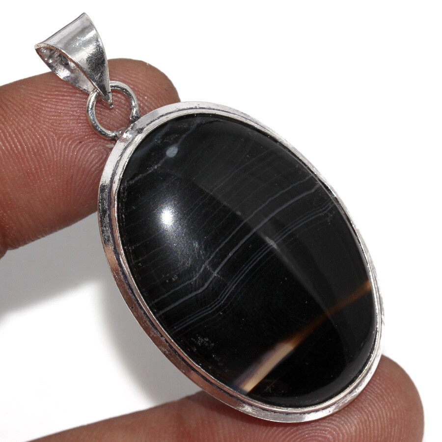 Handmade 925 Silver Plated Black Onyx Ethnic Pendant Jewelry 2-inch JW