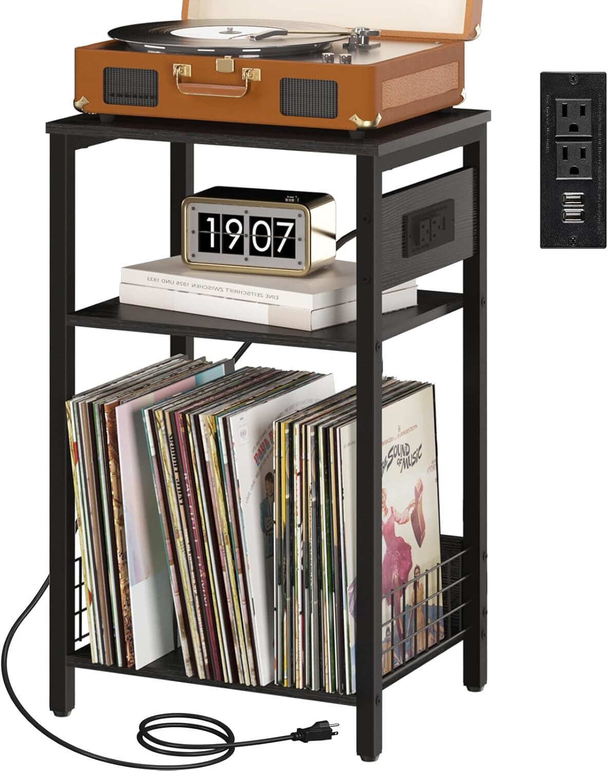 3-Tier Record Player Stand with Charging Station & Storage-image