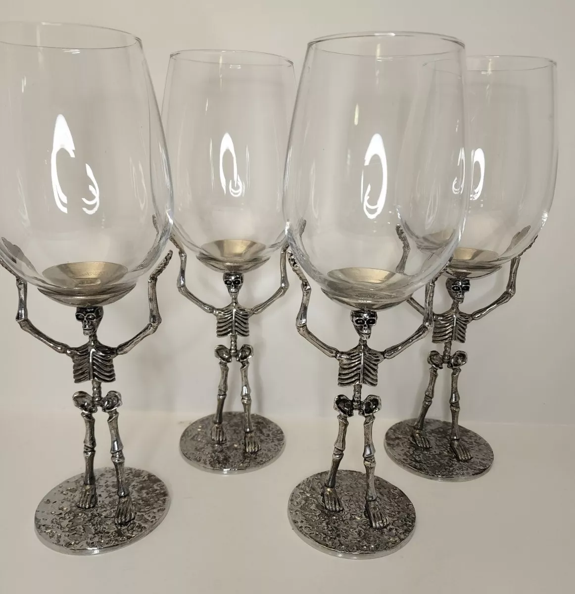 Set of 4 Skeleton Hand Wine Glass Set Goblet Silver Metal Stem New