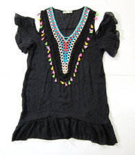 Beach By Exist Black Sheer Rayon Knit Tassel Off Shoulder Cover Tunic Dress S/M