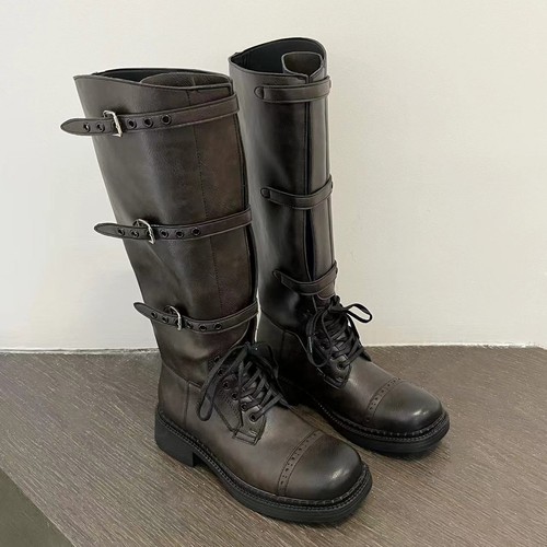 Cowhide Retro Knee High Boots Womens Soft Leather Strap Rider Motorcycle Boots - Picture 22 of 22