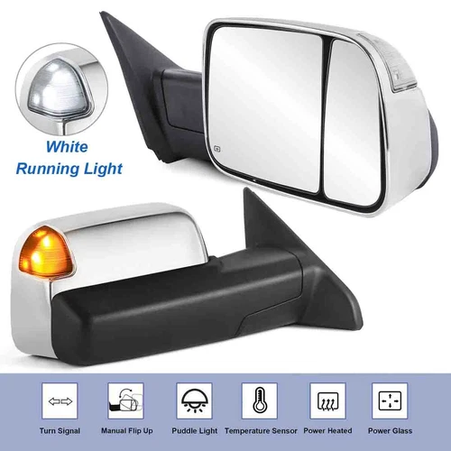 2PCS Chrome Tow Mirrors For Ram 1500/2500/3500 2009-2018 & White Running Lamp
