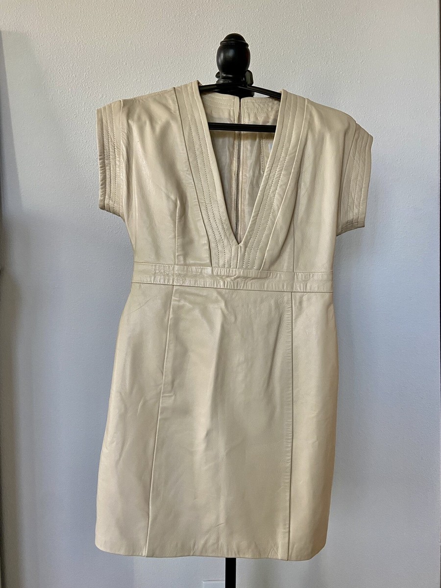Leather Exotica 100% leather dress deep V neck, cream | eBay