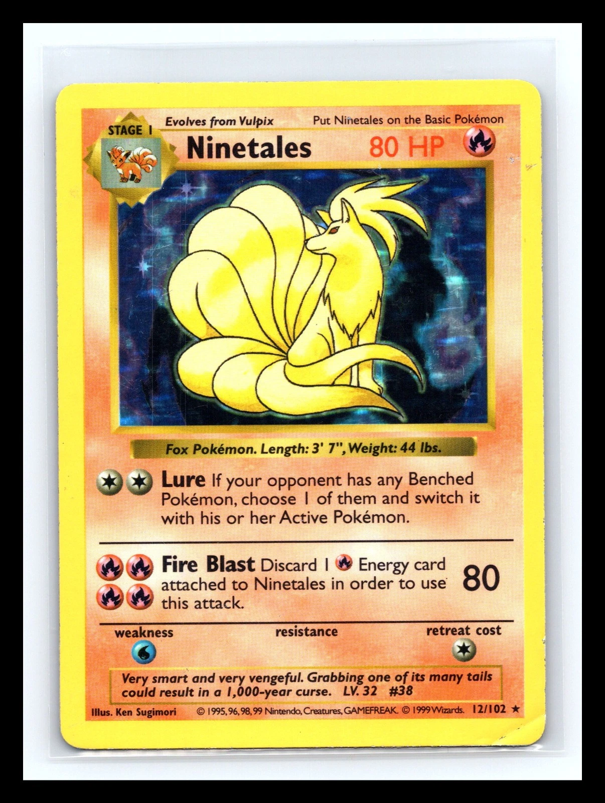 💥  Pokemon - 1999 Set (Shadowless) - NINETALES Holo 12/102 Vintage Black Flame