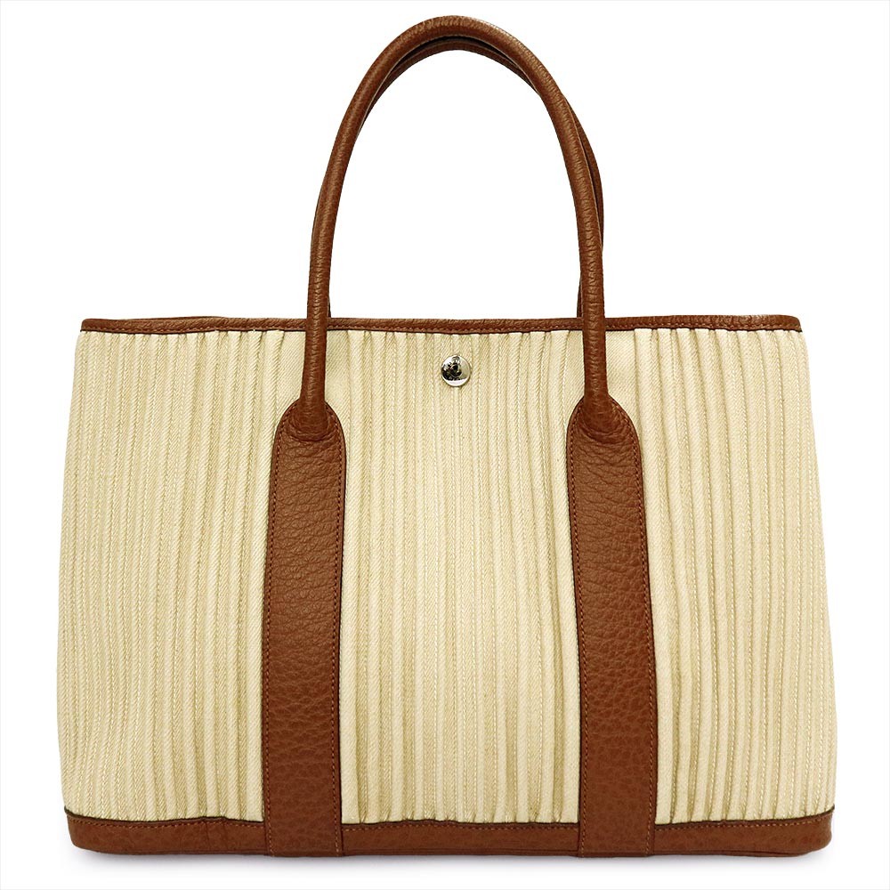 Hermes Garden Party PM 36 Tote Bag Handbag Toile Denim Cannelee Beige Leather 99