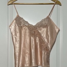 Cotillion Vintage 80s Peach Sheer Lace Trim Asymmetrical Inset Satin Camisole