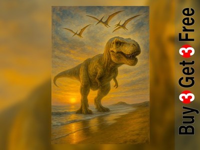 T-Rex bei Sonnenuntergang 5''x7'' Druck auf mattem Papier | Epischer Dinosaurier Strand Ölgemälde