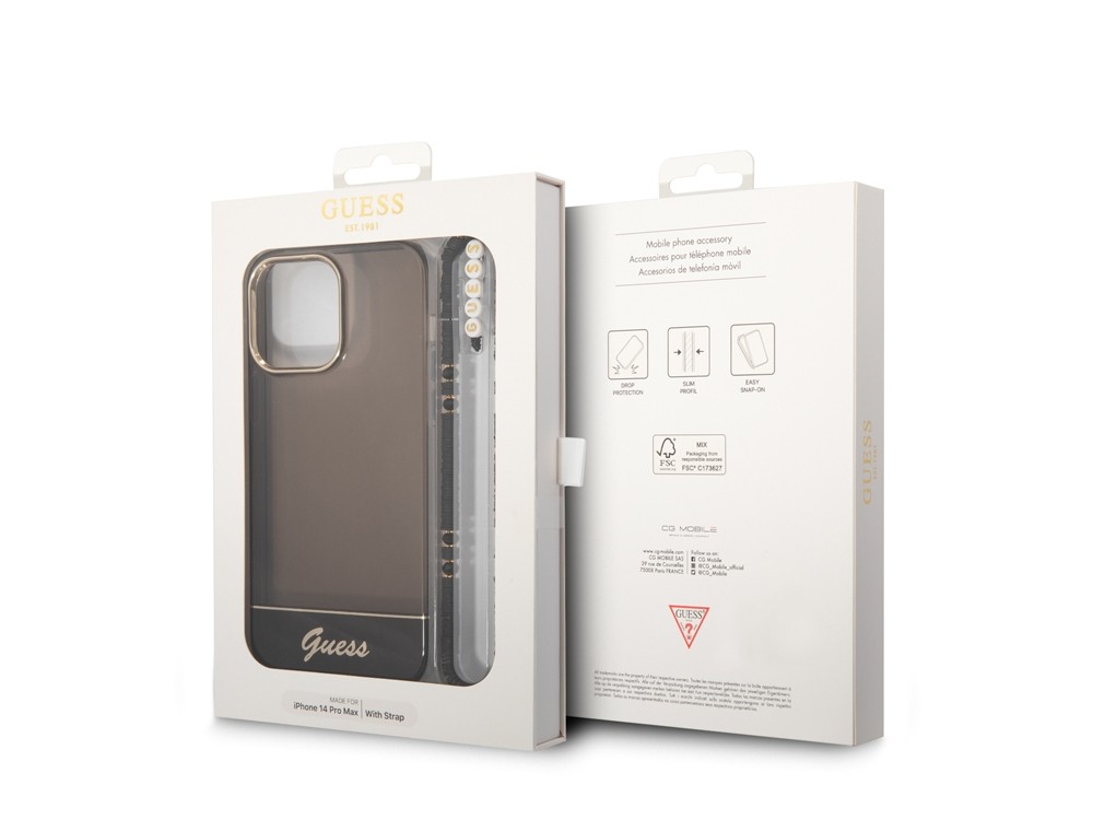 Coque iPhone 14 Pro Guess noire chic à cordon perles pour soirée