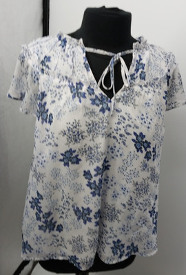 Loft Blue Floral Flutter Sleeve Tie V-neck Blouse SZ XL