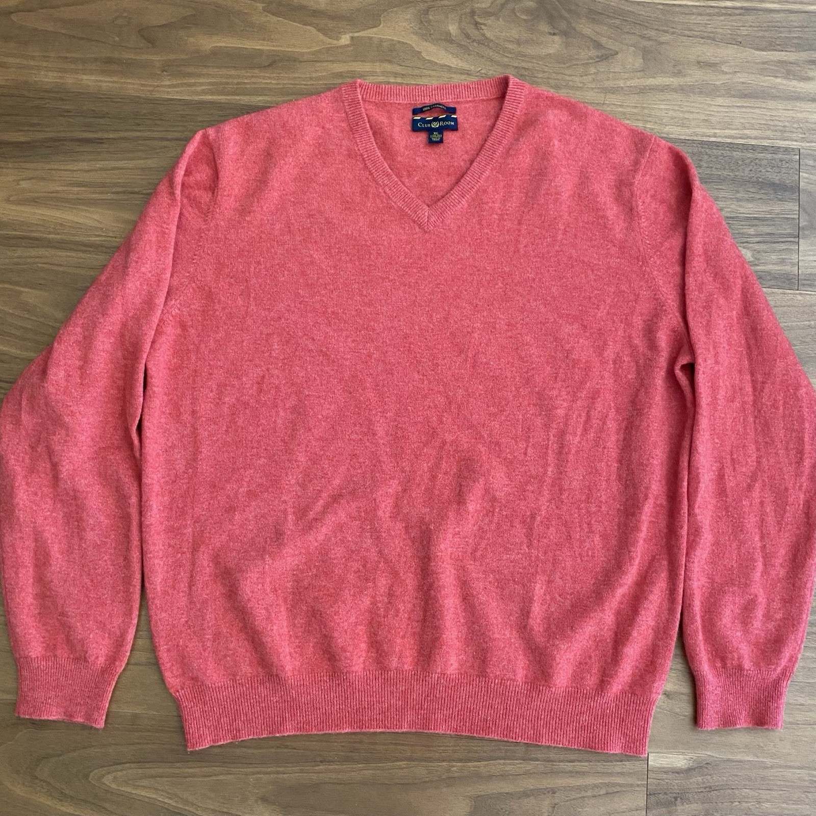 Club Room 100% Cashmere Sweater Mens XL Coral Pink V Neck Soft Luxury