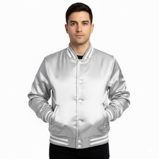 Satin Varsity Letterman Jacket Light Grey white trims BomberCollege Retro Jacket