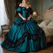 Teal Victorian Ball Gown Off Shoulder Puff Sleeve Black Ruffle Historical Dress