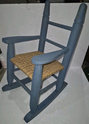 Vintage Blue Wooden Doll Rocking Chair Woven Cane Rush Seat Toy Display Rocker.