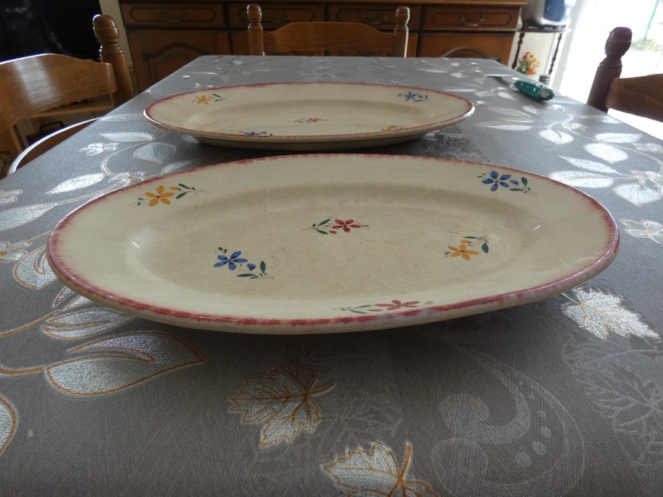 2 plats de service ovales ANCIENS CERAMIQUE EMAILLEE Décor floral GIVORS FRANCE - Photo 3/4