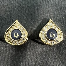 VTG Christian Dior CD Logo Gold Plated Rhinestone Teardrop Clip On Earrings