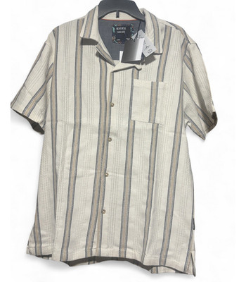 Reverse Thread Regular Fit Striped Beige Blue Short Sleeve Button-Up Shirt XL