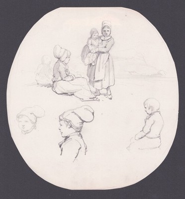 Skizzenblatt Figuren Kinder Bretagne sketches dessin drawing Zeichnung 1840