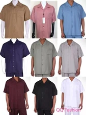New Men's 2pc Walking Suit Short Sleeve Casual Shirt & Pants Set  Solid  M2954 .