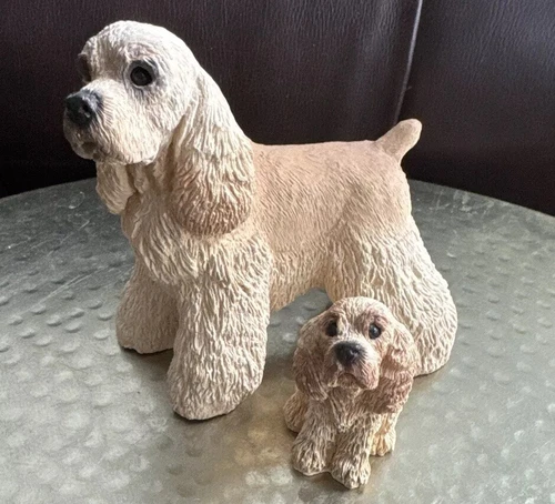 Vintage 1988 United Design Stone Critters Cocker Spaniel Blonde 4” And Puppy