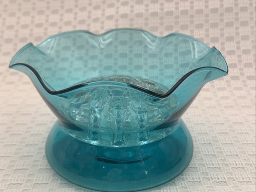 Vintage PEACOCK BLUE Candlestick 10-Hole Frog / Vase Glass Ruffled - Picture 16 of 16