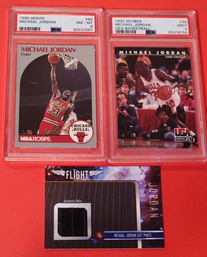 Michael Jordan RELIC SUIT PANTS CARD #1/299 '92 SKYBOX USA PSA 9 '90 HOOPS PSA 8