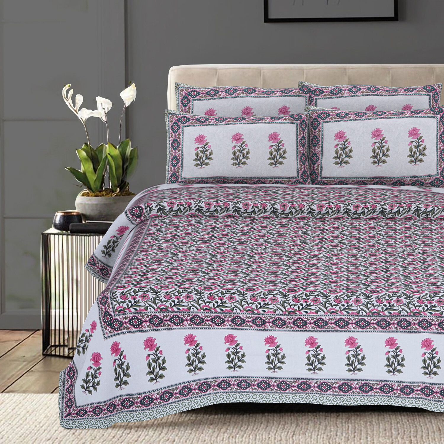 100 % Cotton 220 TC Indian King Size Flower Print Bed Sheet With 2 Pillow Covers
