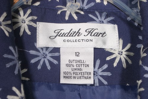 Judith Hart Lined Jacket Womens Sz12 Blue w/white flower sewn design - Picture 4 of 5