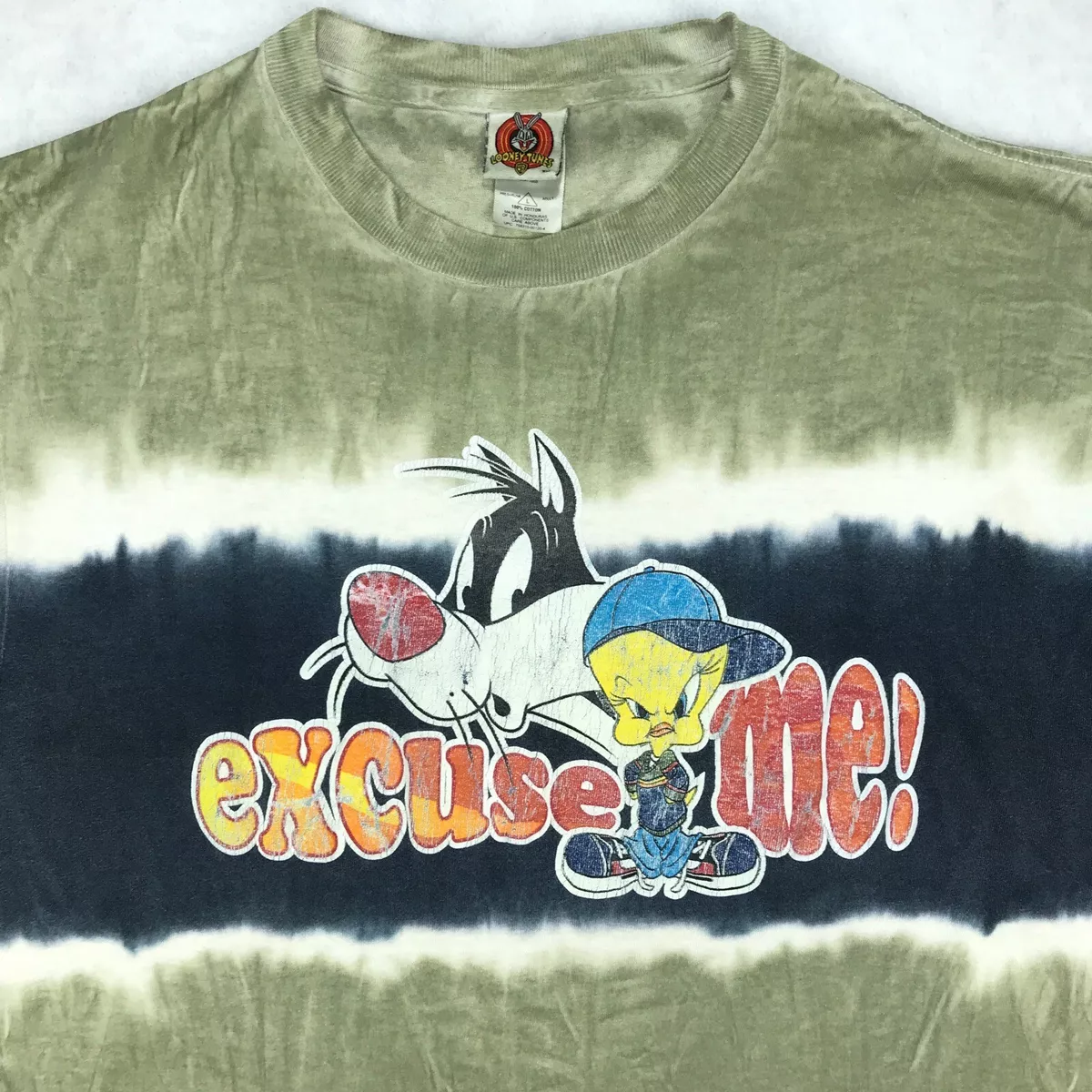vtg 90s FREEZE LOONEY TUNES TWEETY SYLVESTER EXCUSE ME TIE-DYE T-Shirt L cartoon