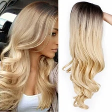 Women Lady Dark Brown Gold Ombre Long Wavy Curly Blonde Wig Synthetic Hair