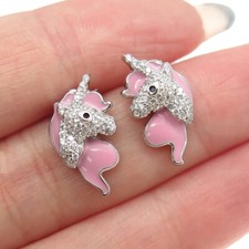925 Sterling Silver C Z  Pink Enamel Unicorn Stud Earrings