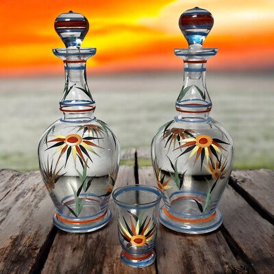 Vintage Art Deco Hand Painter Decanter Set Cordial Multi-Color Floral 8-1/2''