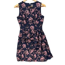 Vince Camuto Floral Mini Dress Navy Blue Pink Metallic Sleeveless Ruffle Size 2