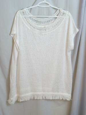 Cato White Top T Shirt Mottle Lace Tassels Unique Cap Sleeve 18 20W Plus