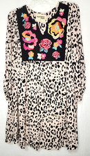 Savanna Jane Shift Dress Sz L Gauze Embroidery Floral Animal Print Boho Southern