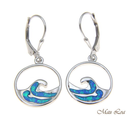925 Sterling Silver Rhodium Hawaiian Ocean Wave Blue Opal Leverback Earrings - Picture 1 of 2