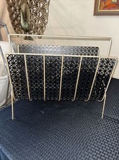 Vintage Mid Century Wire Mesh Gold Black Magazine Vinyl Record Album Rack Retro