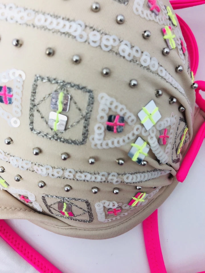 Nuevo Bikini Victoria's Secret 34A Cheeky Volantes Acanalado XS Parte Inferior Rosa Lentejuelas Desnudas Foto 4 de 4