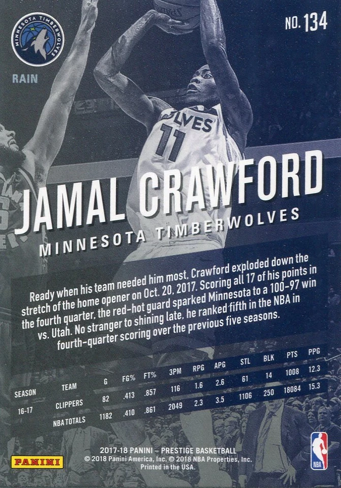2017-18 PRESTIGE RAIN PARALLELS JAMAL CRAWFORD MINNESOTA TIMBERWOLVES - Image 2 of 2